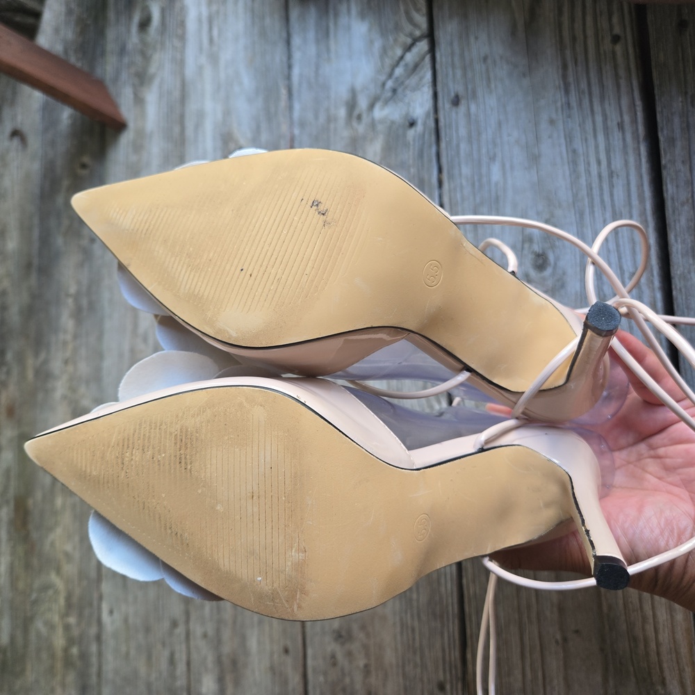 Lemonade Blush Pink Patent Strappy Ankle Tie Heels With Large Flower At Vamp - Picture 9 of 15